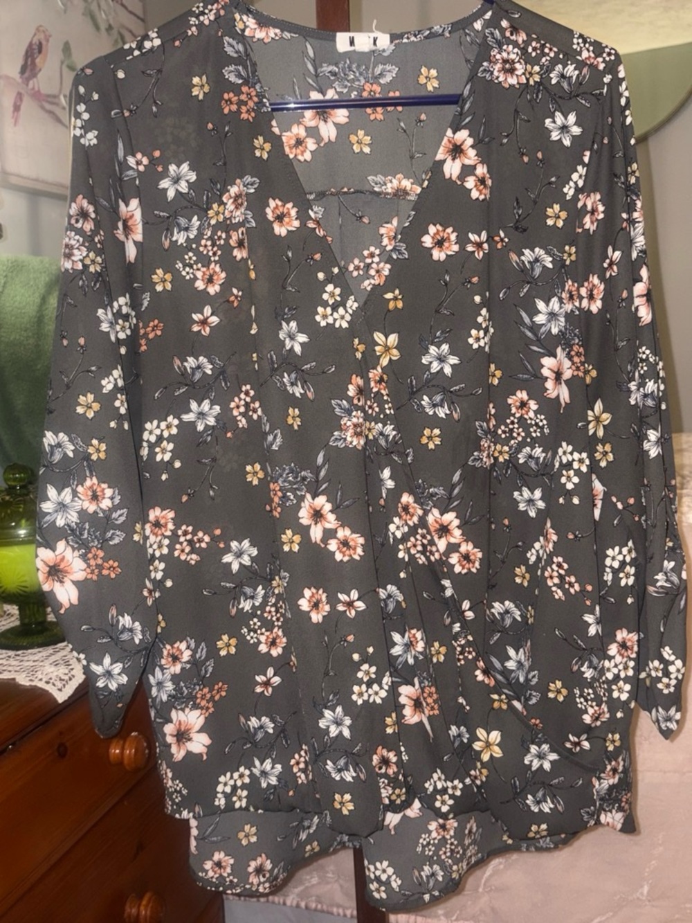 Floral V-Neck Long Sleeve Blouse - Olive Green with Pink & White Flowers